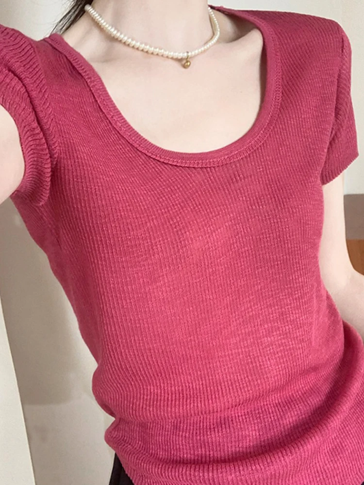 

Slim Fit Ice Silk ort Sve T-irt Knitted Top Breathable Faion Design Women's Summer irt Korean Sle Commute Wind