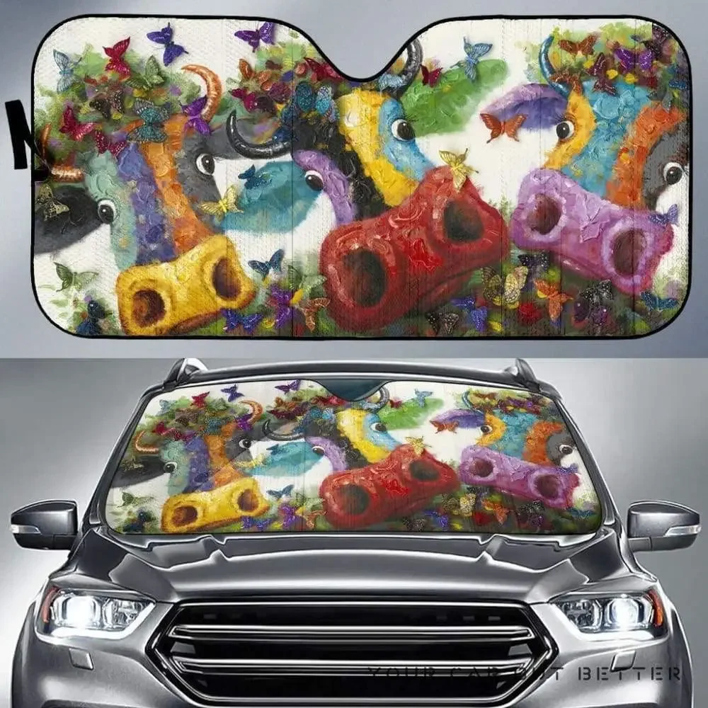 Funny Dairy Cows with Floral Wreaths and Butterflies Colorful Watercolor Artwork Print Car Sunshade, Dairy Cows Painting Print A