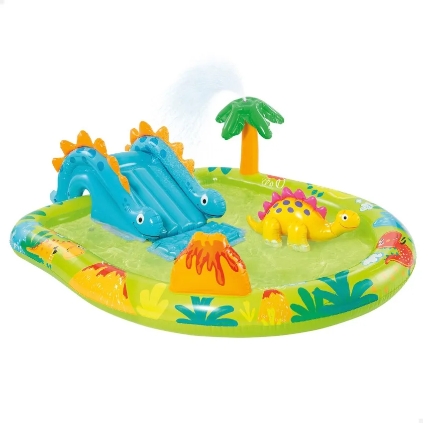 INTEX  - Piscina infantil hinchable con dispersor de agua y tobogán dinosaurio, centro de juegos para niños 191x152x58 cm, capacidad para 143 litros incluye parche de reparación y tapón de drenaje primera calidad