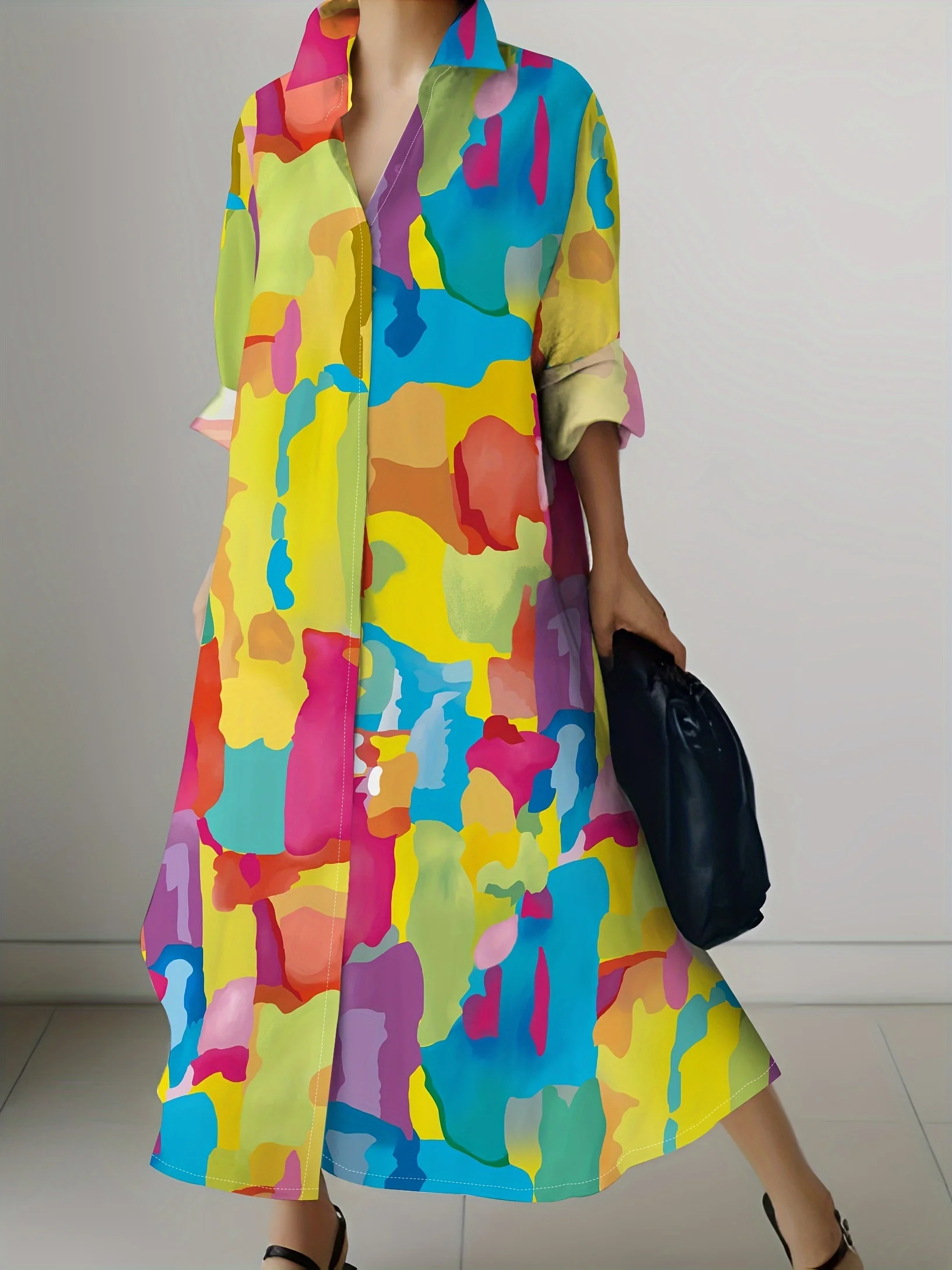 Lässiges Langarm-Midikleid für Damen im Urlaubsstil mit Buntem Abstraktem Druck und Unregelmäßigem Saum, Modisches Sommerkleid