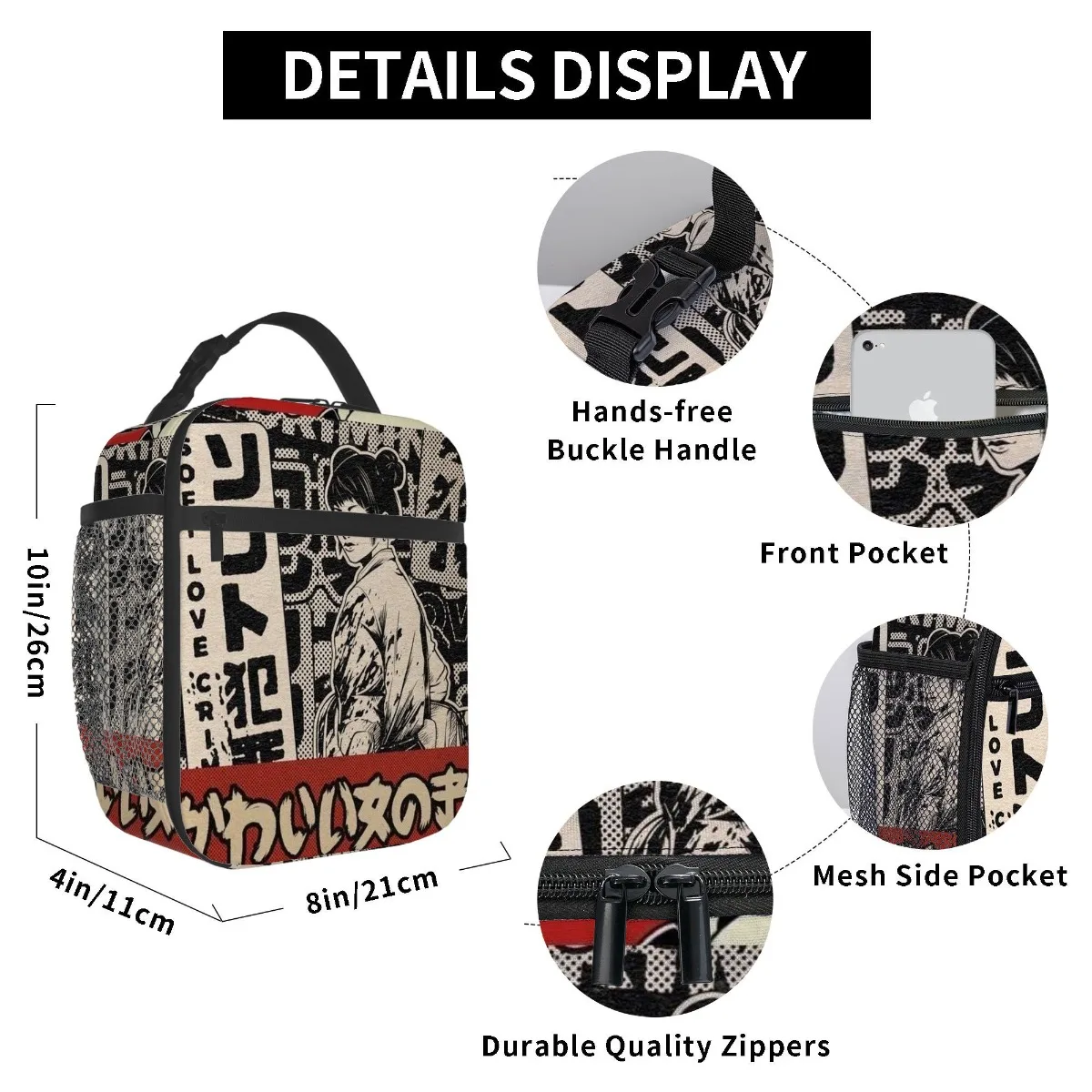 Anime Love Crime Japanese Art Print Lunch Bags for Home, Office, Travel, Portable Refrigerated Lunch Box