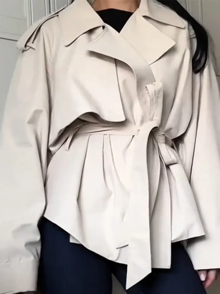 

Classic Solid Color Belt Woman Short Windbreaker Elegant Flip Collar Long Sleeved Jacket New Lady Autumn Commuter Outerwear 2025