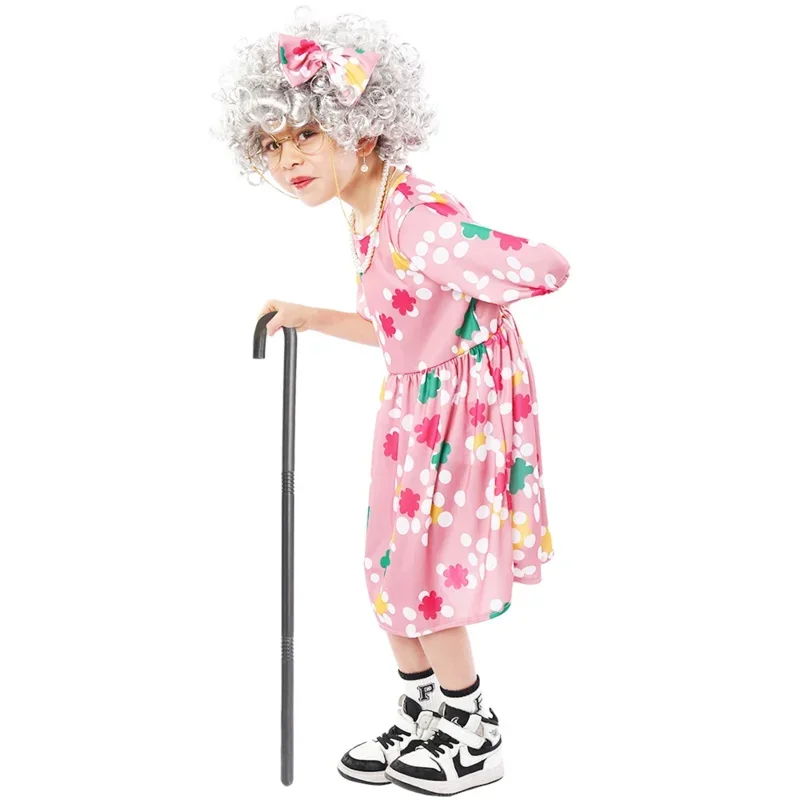 EE01 زي الفتاة السيدة العجوز الصغيرة طقم إكسسوار فستان المرأة العجوز للعب الأدوار أداء المدرسة HIo0!