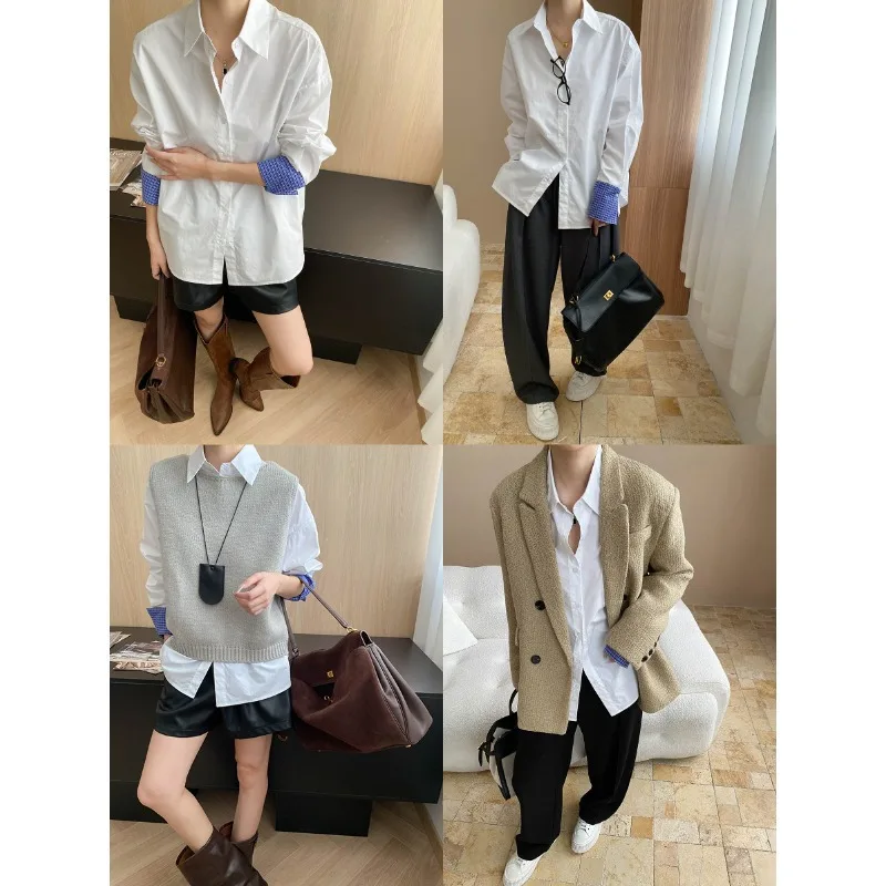 

French High-end Plaid Cuffs with White Loose Long Sleeved Shirt