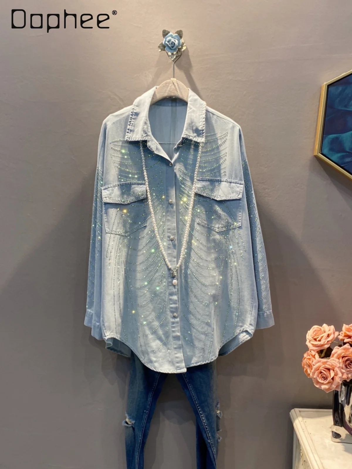 2024 Spring New Streetwear Rhinestone Pocket Denim Shirt Roupas Femininas Loose Long Sleeve Mid-length Jean Tops Blusa Feminina