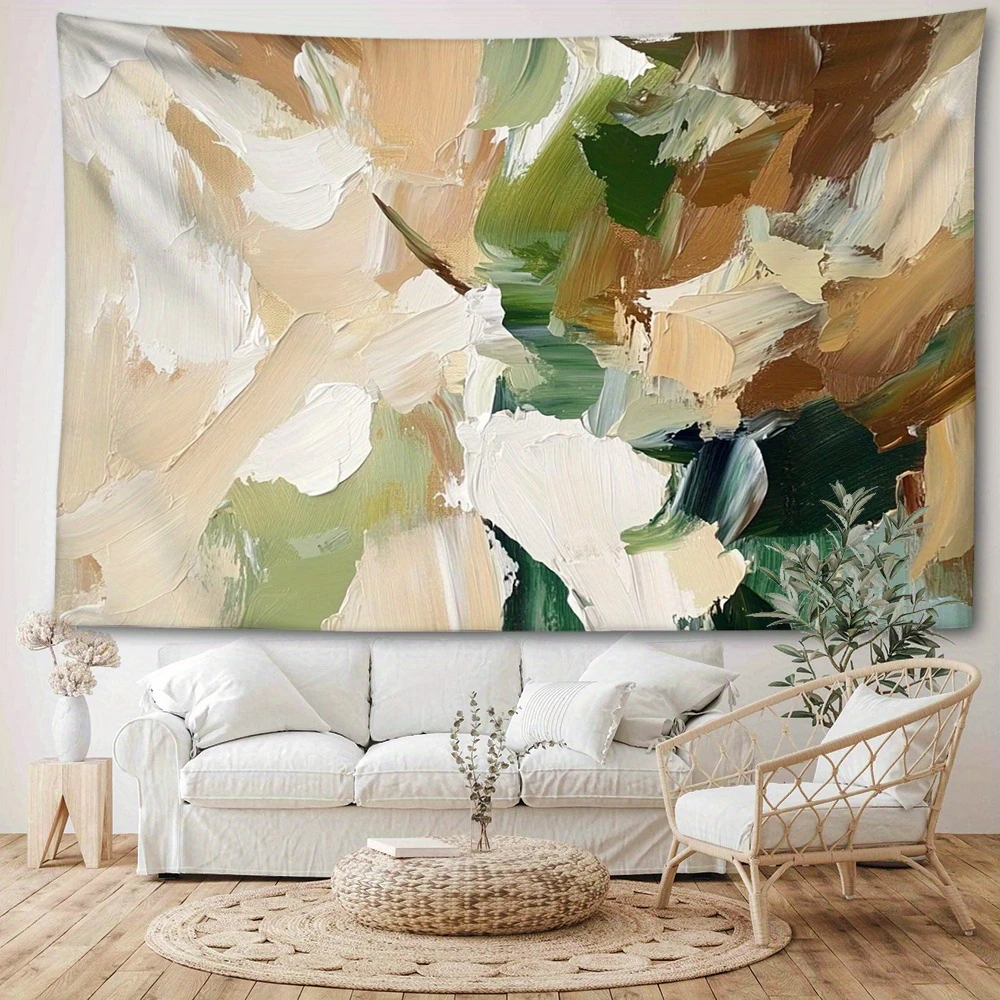 1pc Abstract Neutral Green Brown Oil Painting Tapestry Wall Hanging Art for Living Room Bedroom Home Decor