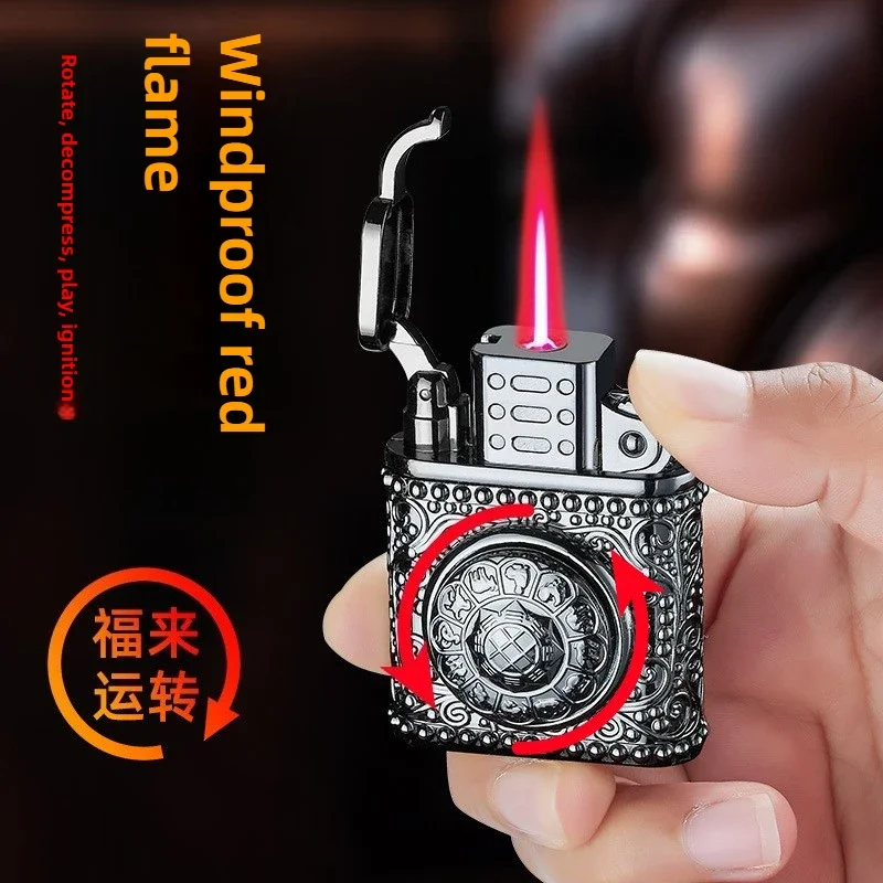 Creative Decompression Turntable Red Flame Windproof Lighter Press Straight 3D Relief Cigarette Lighter Men's Gift Wholesale - Image 4
