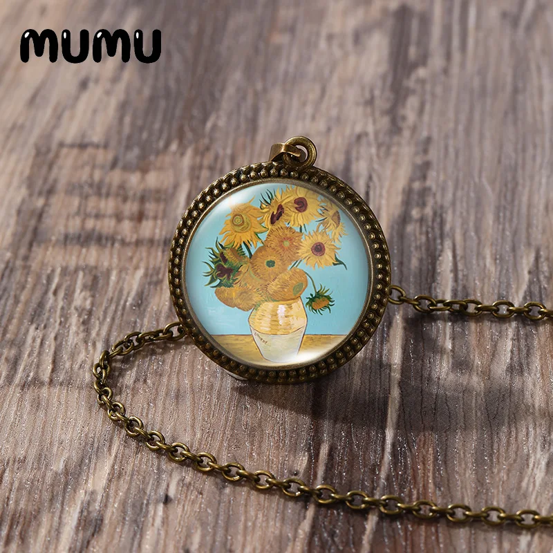 2023 New Van Gogh Oil Paintings Necklace Irises Sunflower Vintage Pendant Round Printed Photo Glass Dome Jewelry Handmade Items