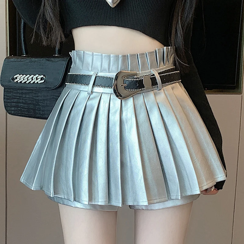 

Autumn Women Solid Folds Mini Short Skirt Korean Ladies Casual Harajuku High Waist Belt Zipper A-Line Pleated Skirt Female