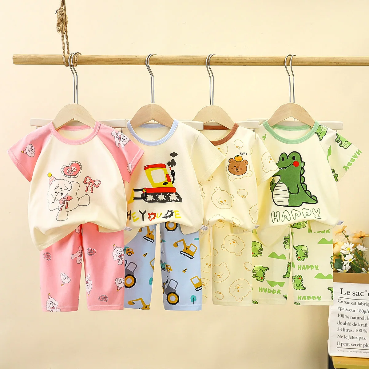 Air Con Sleepwear for Kids Breathable Cotton Pajama Set Short Sleeve Summer Outfit Boys Girls Toddler