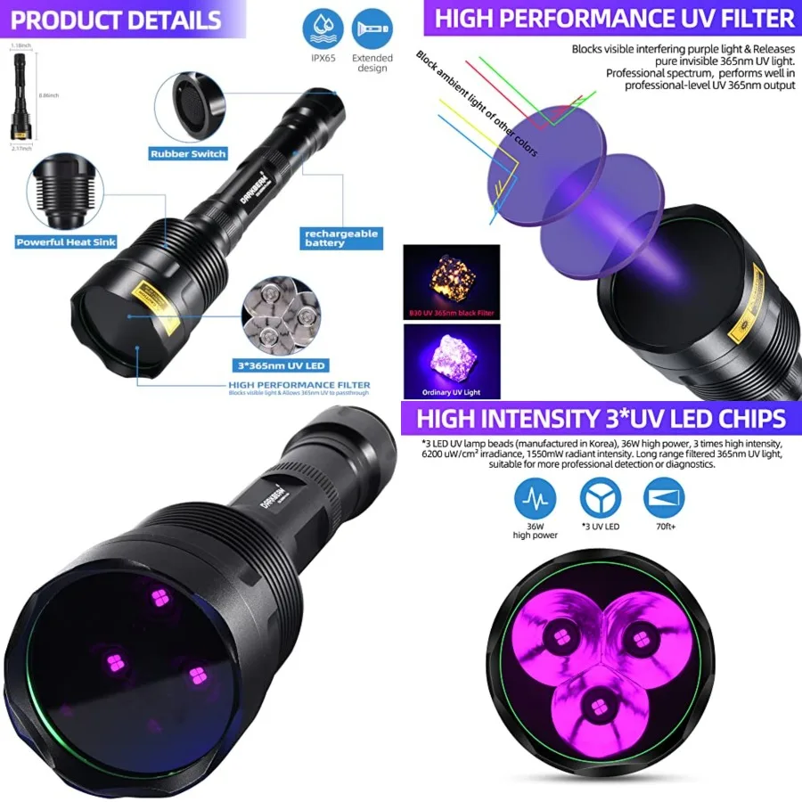 UV Flashlight 365nm Blacklight, Rechargeable 36W Powerful Wood's lamp, 3 LEDs Ultraviolet Black Blood Tracking Light for Huntin