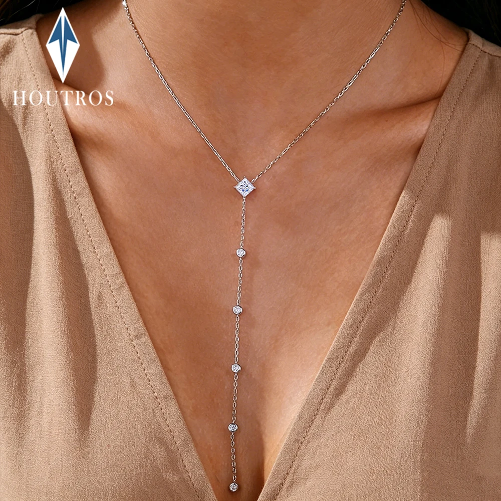 1Carat Princess Cut Full Moissanite Long Tassel Necklace 925 Sterling Silver Y Style Pendant Necklace Party Wedding Jewelry Gift