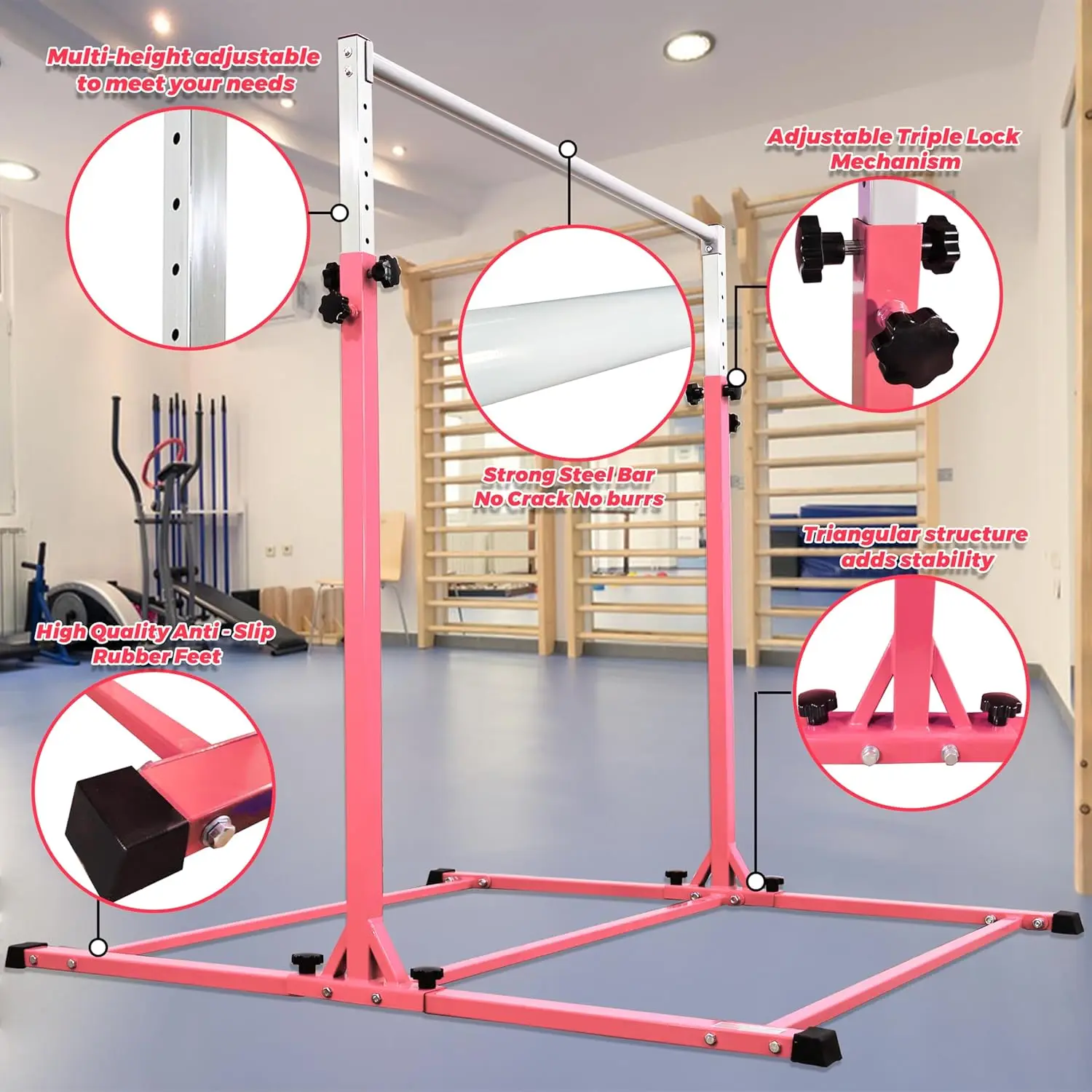 PreGymnastic Sturdy High Bar for Training 48''-71'' Heights No Wobble Gymnastic Bar for Kids Ages 3-14 Years