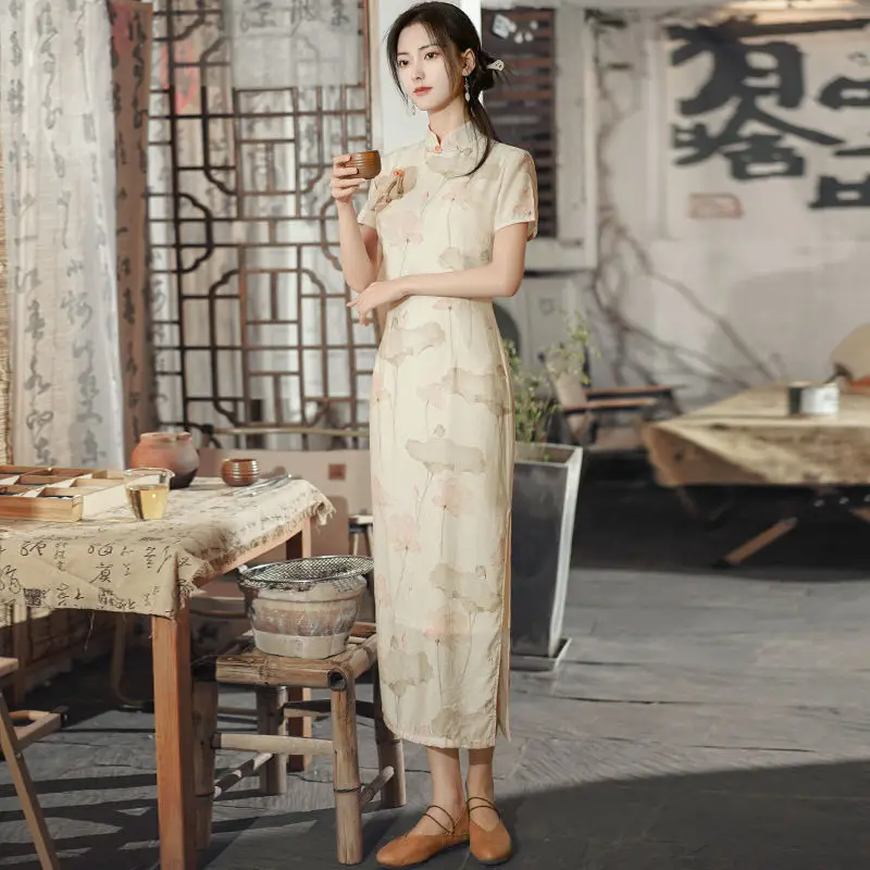 Cheongsam court et élégant de style chinois amélioré pour les jeunes filles, robe de soirée qipao pour les femmes, photographie de printemps, 03/abricot, 2023