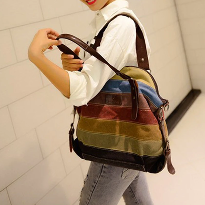Canvas-Tragetaschen, gestreifte Damenhandtasche, Patchwork-Regenbogen-Umhängetasche, modische weibliche lässige Umhängetasche – Detail 4