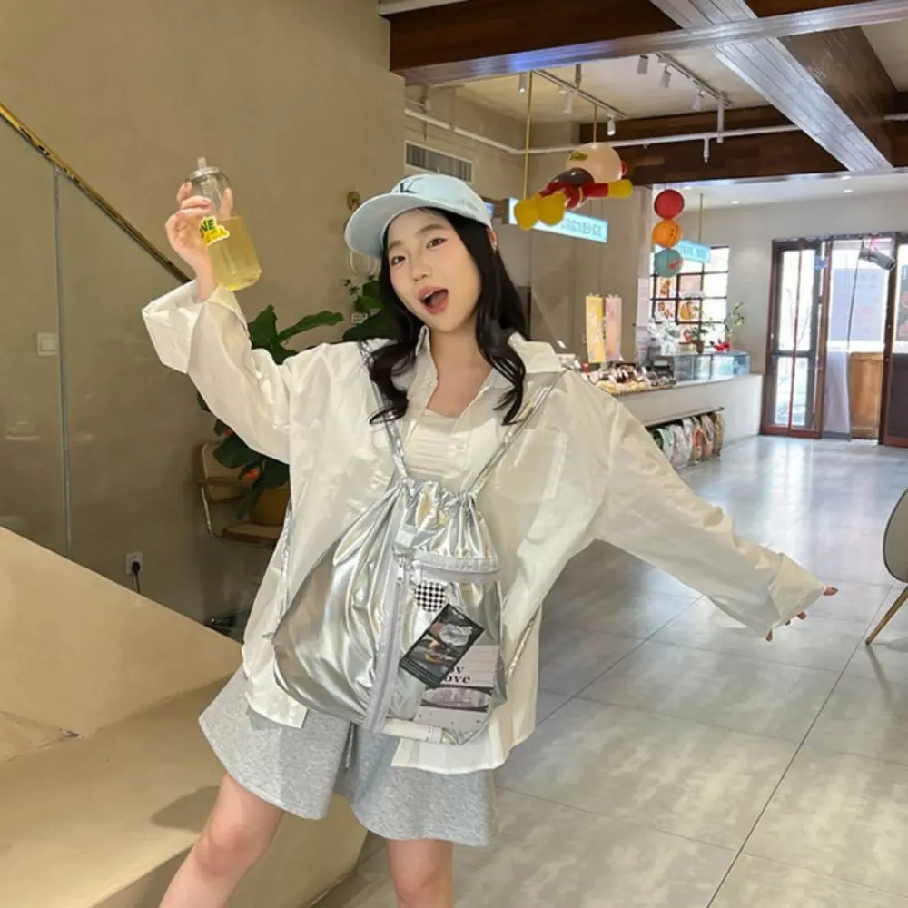 

Transparent Pocket Drawstring Backpack Silver PU Large Capacity Korean Style Itabag Fashion Design Lightweight Shoulder Bag