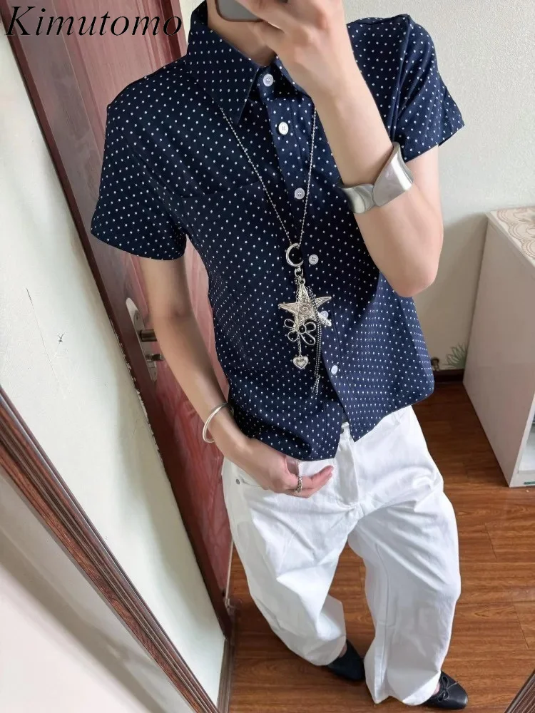 Kimutomo Shirts Women Preppy Style Polka Dot Printed Short Sleeve Vintage Grunge Gothic Y2k Harajuku Blouse Female Casual Tops