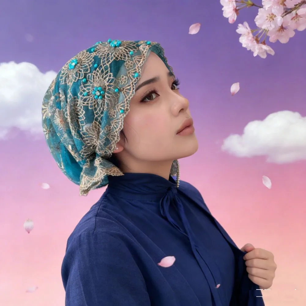 

Двухслойный кружевной нижний платок с вышивкой бисером для женщин, мусульманский хиджаб, шапка, шапочки от выпадения волос, мягкий головной убор на свадьбу