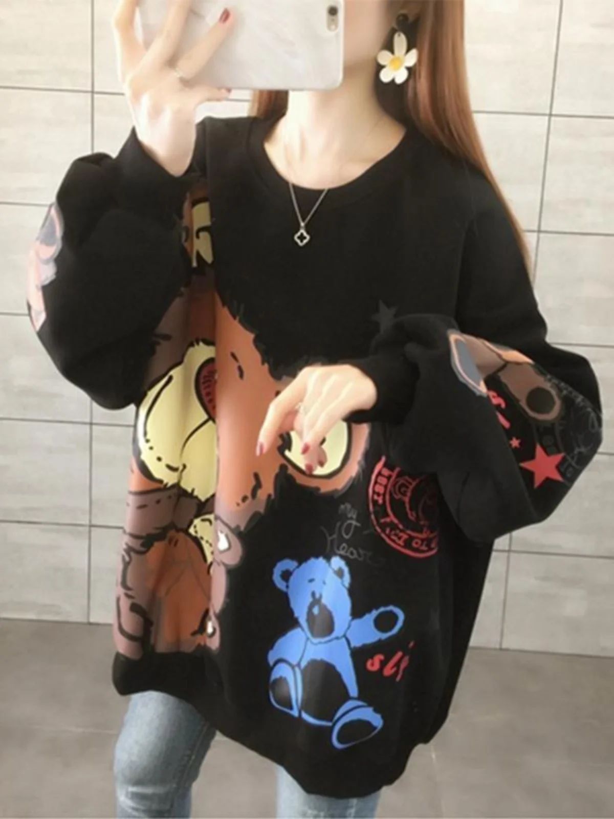 Loose Fit Fce Gefüttert Mittellanges Sweatshirt Damen Koreanische Sle Herbst Winter Oberbekleidung Design Sensation Casual Streetwear