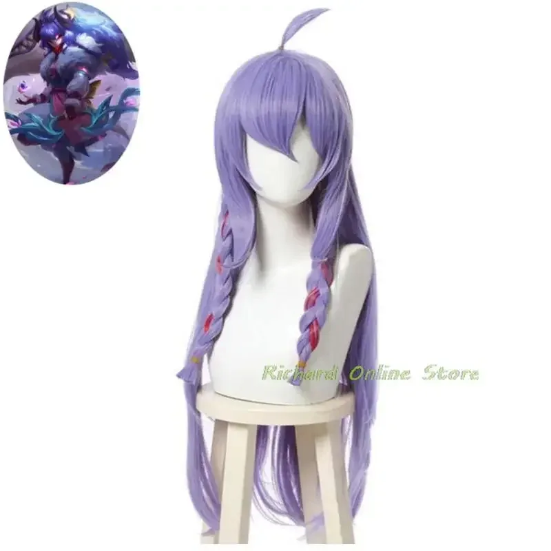 لعبة LOL Kindred الصيادين الأبدية روح زهر تأثيري حلي الأرجواني شعر مستعار أنيمي الجلد موحدة هالوين كرنفال حفلة البدلة