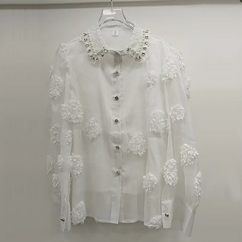 

Design Sense Нишевая рубашка с отложным воротником и тяжелым бисером, украшенная стразами, для женщин, летняя возрастная рубашка с 3D цветами