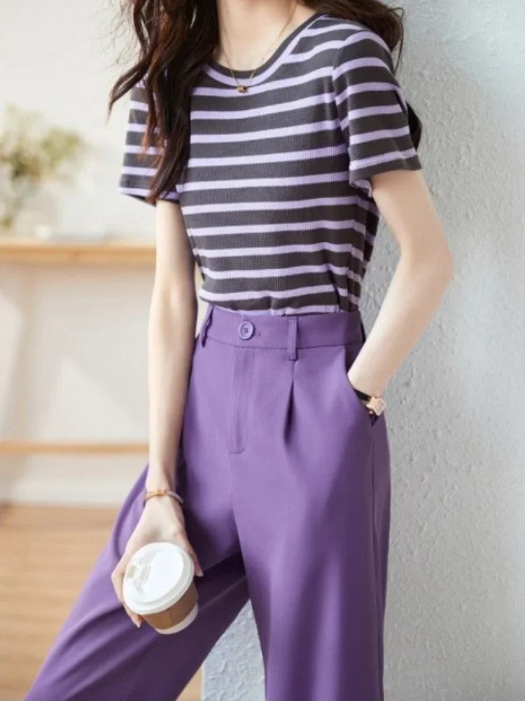 Summer 2024 Stripe Women\'s Top and Pants Two Piece Set Cotton Wide Leg Ladies Trouser Outfit Y2k Streetwear Casual Elegant Cheap