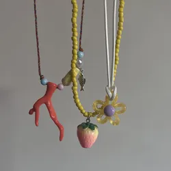 Women's Y2K Fruit Strawberry Pendant Choker Necklace Colorful Beaded Summer Accessory Jewelry Gift