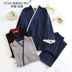Japanese Style Spring and Autumn Thin Men's Kimono Hanfu Pure Cotton Gauze Pajamas Plus Size Home Steaming Suit