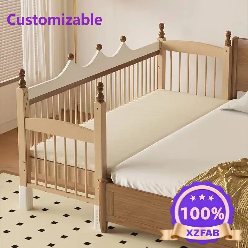 Factory Direct 2026 Children's splicing bed, adjustable height, solid wood widened bed, adults can sleep, fence can be lifted an