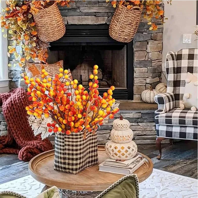 10 Stück Schaumstoff Künstliche Stechpalmenbeeren Orange Beerenzweige für Herbst Thanksgiving Ernte Weihnachtsbaum DIY Home Navidad Dekor – Detail 4