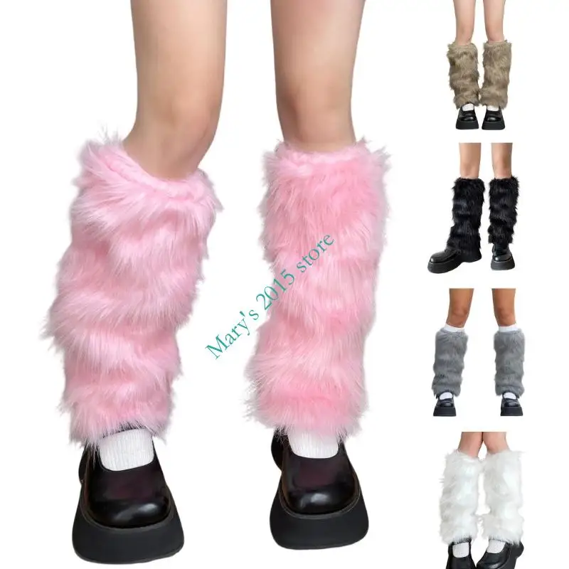 

E15F Women's Winter Thermal Leg Sleeves Faux Furs Elastic Leg Warmers Thick Furry Boot Covers For Cold Weather