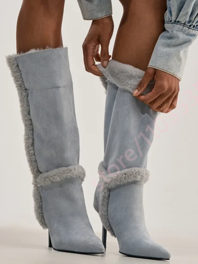 Women Light Grey Furry Trim Knee High Boots Pointed Toe Stiletto Warm Fleece Lined Winter Boots Fashion Street Party Footwear