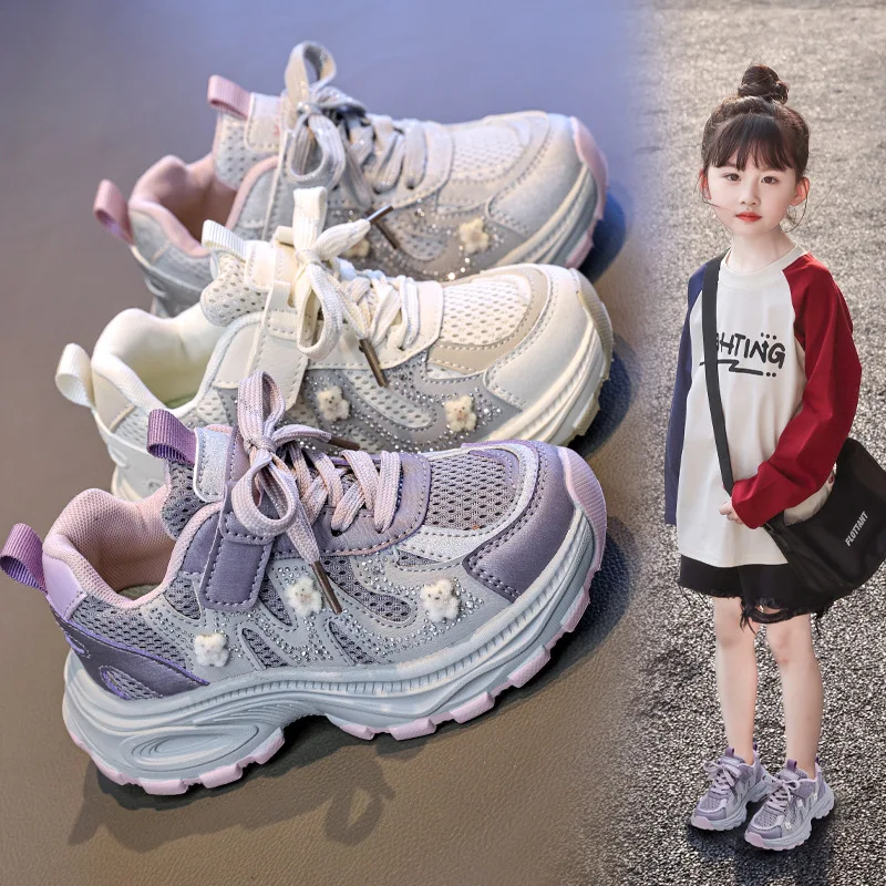 Spring Autumn 2026 Kids Girls Sport Shoes Bling Bling Soft Sole Breathable Outdoor Tennis Fashion Kids Sneakers Children Shoes