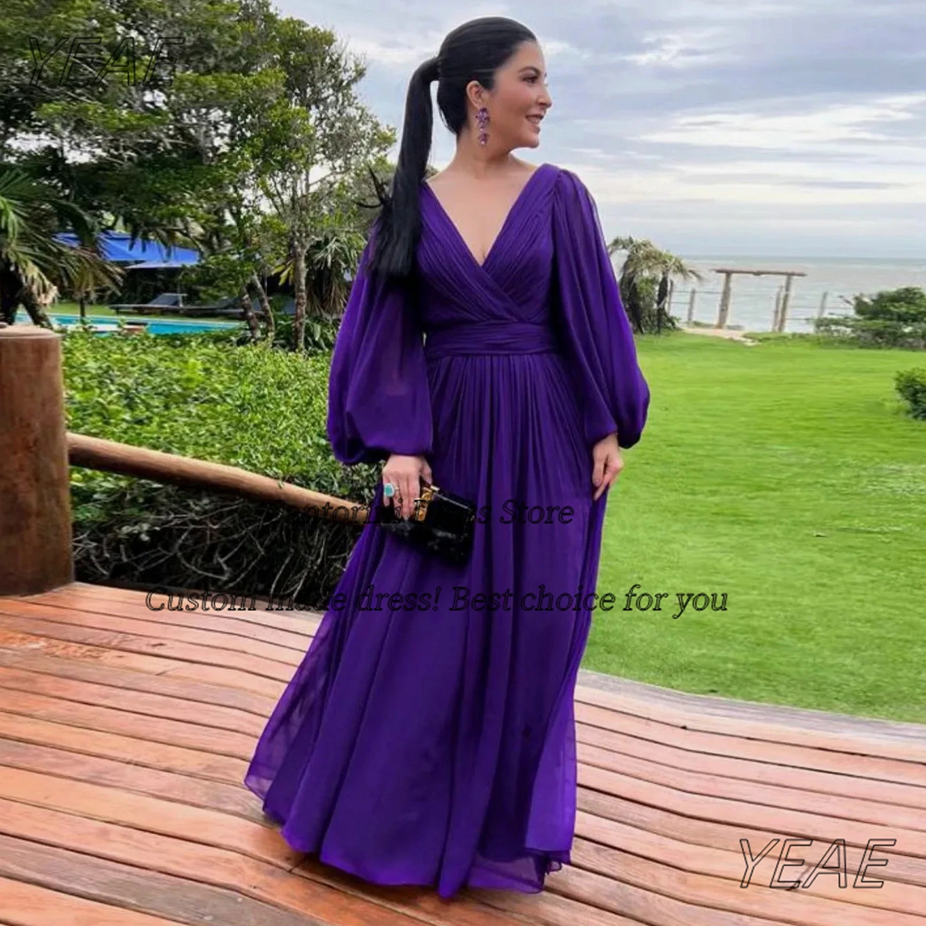 

Santorini Customized Purple Chiffon Prom Dresses V Neck Long Sleeves Evening Gowns Zipper Back Wedding Party Bridal Dress