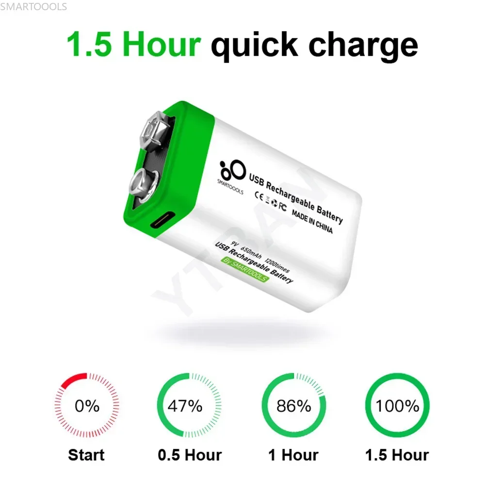 6F22 9V Li-ion 650mAh Battery Rechargeable Battery  for RC Helicopeter Model Multimeter Microphone +USB Type-C Charging Cable