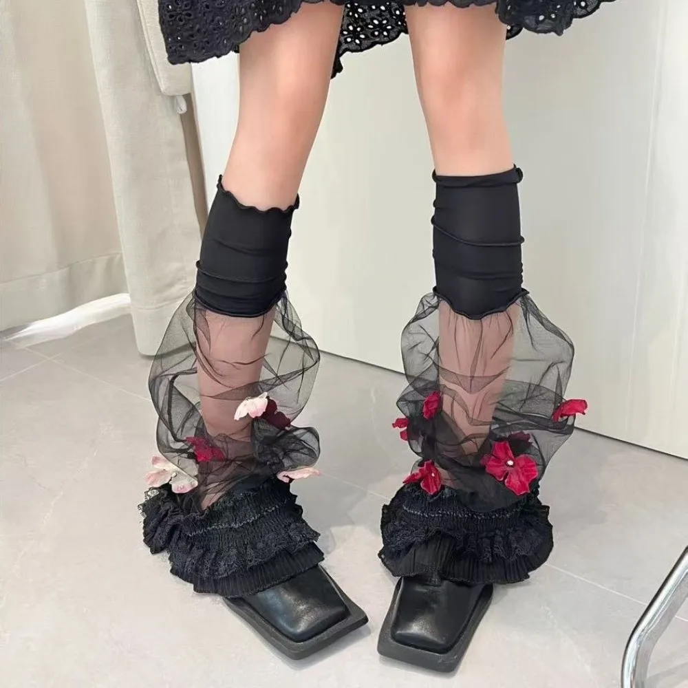 Flower Lace Mesh Splicing Leg Sleeves Y2K Harajuku Layered Ruffle Boot Cover Cuffs Kawaii Lolita JK Sheer Leg Warmers