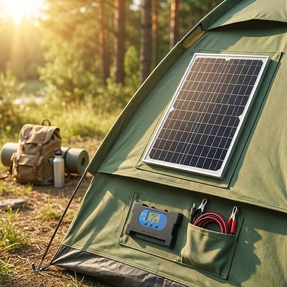 Monocrystalline Solar Panel 17W 5V 12V 18V Output for Outdoor Battery Charging with Waterproof Front and Protected DC Connector