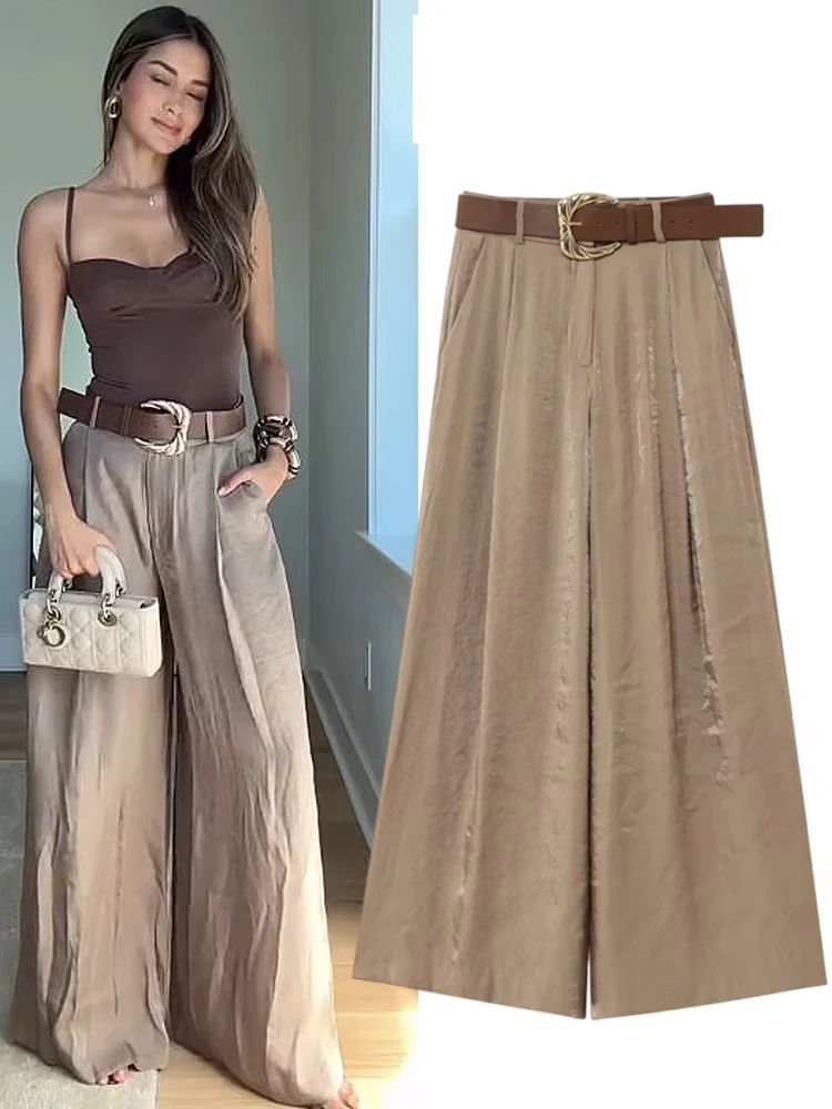 

HH Women's Chic Solid Belt Wrinkles Decorate Casual Loose Long Pants Woman Elegant Side Pocket Zipper Wide Leg Long Pants