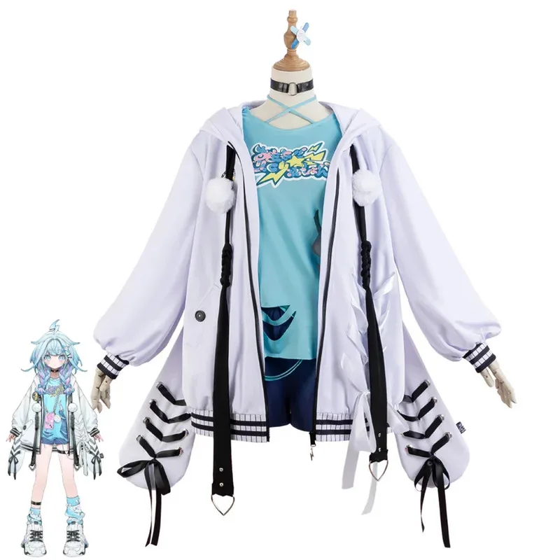 

Virtual YouTuber Mizumiya Su Cosplay Costume VTuber White Hooded Coat Denim Shorts Wig Woman Sexy Cute Carnival Halloween Suitv;