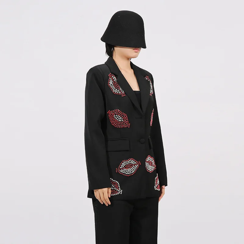 سترات سوداء فرنسية أنيقة للركاب صناعة ثقيلة نمط شفاه ماسية واحدة الصدر ضيقة متعددة الاستخدامات بدلة نسائية للخريف