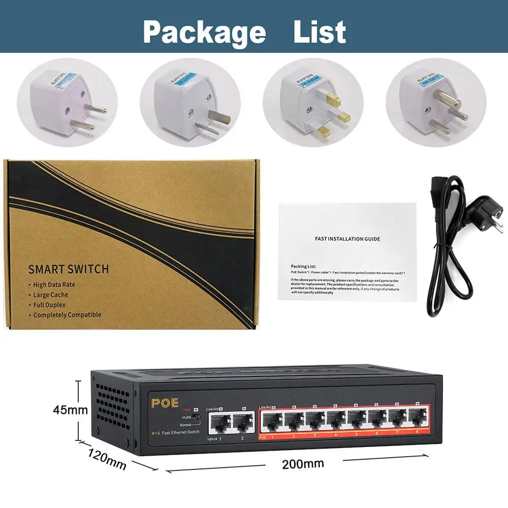 Poe 10 Poorten Switch 8 Poorten 100Mbps Poe Switch Rj45 Snel Lan Smart Switch 2 Poorten Uplink Ethernet Switch Voor Wifi Router