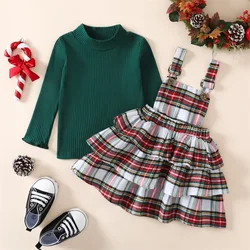 1-5T Kids 2-Piece Girls Dress Christmas Outfit  Solid Color Ribbed Turtleneck Long Sleeve Top + Plaid Ruffle Dress Set Green Red