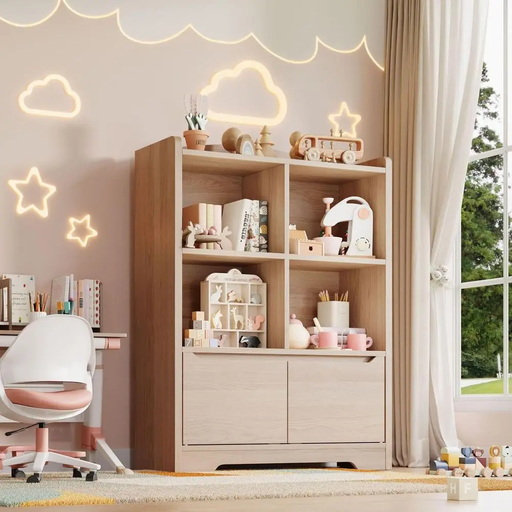 رف كتب للأطفال ومنظم ألعاب، رف كتب للأطفال من طبقتين لغرف الأطفال مع بابين، منظم تخزين 4 مكعبات، بوو خشبي للأطفال