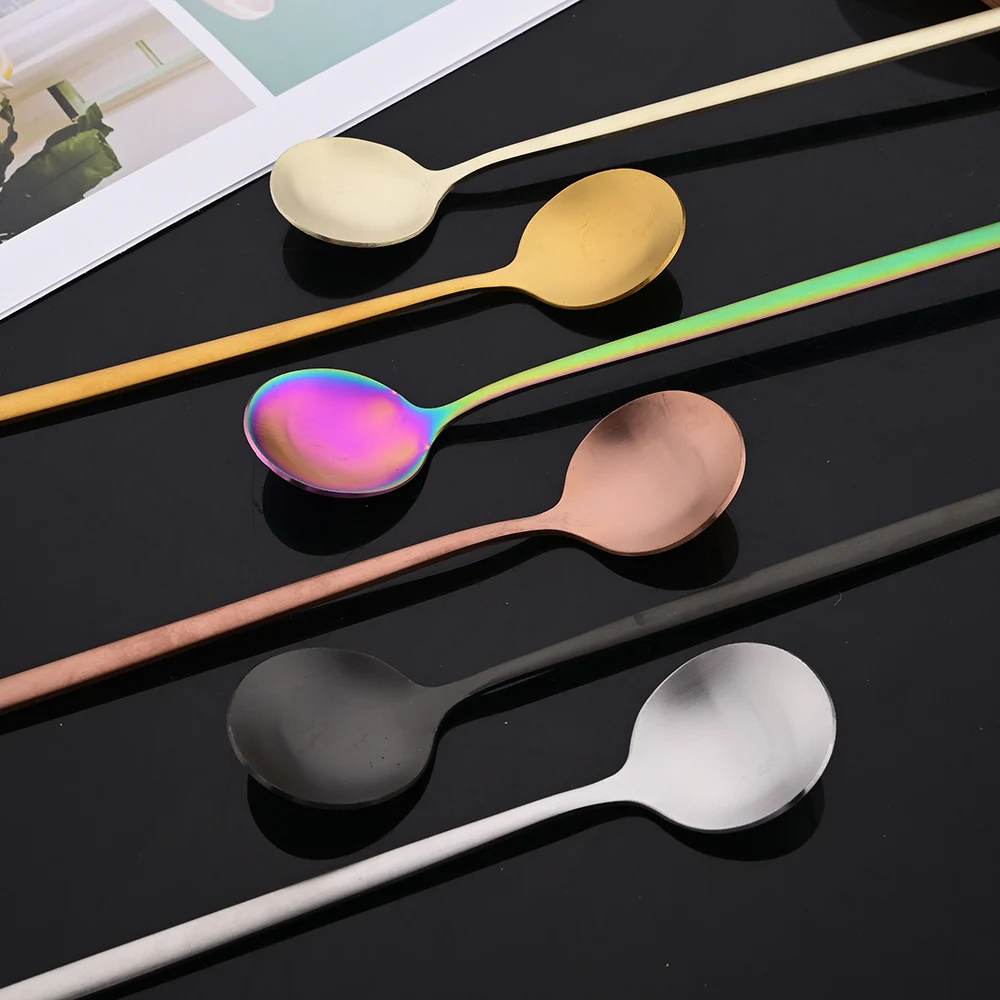 6Pcs Matte Black Long Hangdle Spoon For Stirring Drink Steainless Steel Gold Dinnerware Tableware Cutlery Ice Cream Spoon Set