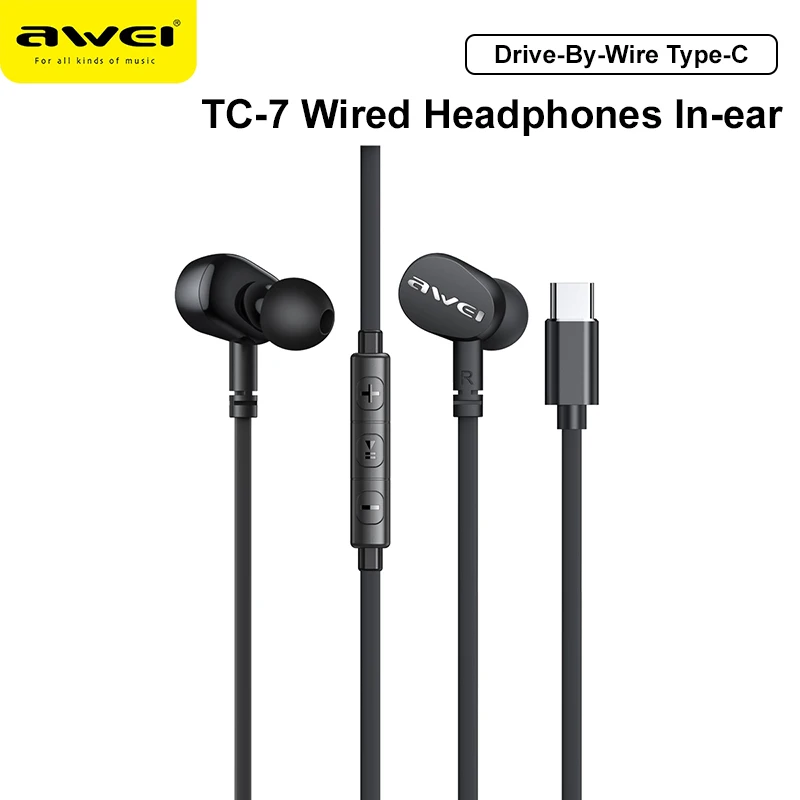 

Awei TC-7 Wired Headphones In-ear Earphones Type-C Sport Headset For Phone Stereo USB C Plug Bass Earbuds With Microphone