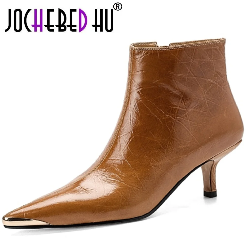 

【JOCHEBED HU】Women Handmade Real Leather Ankle Boots Mid Heels Shoes Winter Boots Pointy Office Lady Daily Dress Shoes 34-40