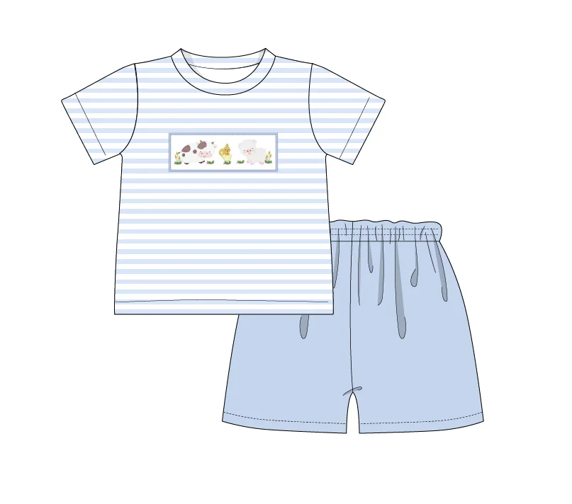 Baby Boutique Short Sleeve T-shirt Set Round Neck Farm Animal Embroidery Girl Dress Boy Pink Stripe Top Clothes And Blue Pants