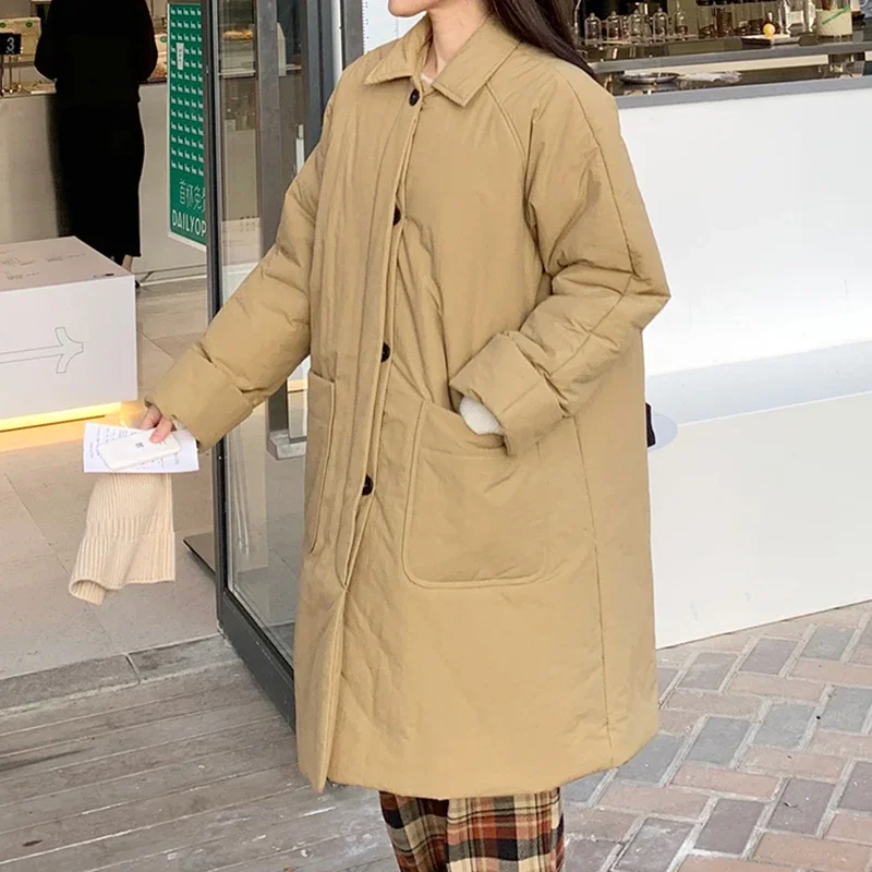 Medium-long Style Parkas Women Retro Solid Vintage Streetwear Turn-down Collar Button Up Parka Female Loose Thicker Winter Coats