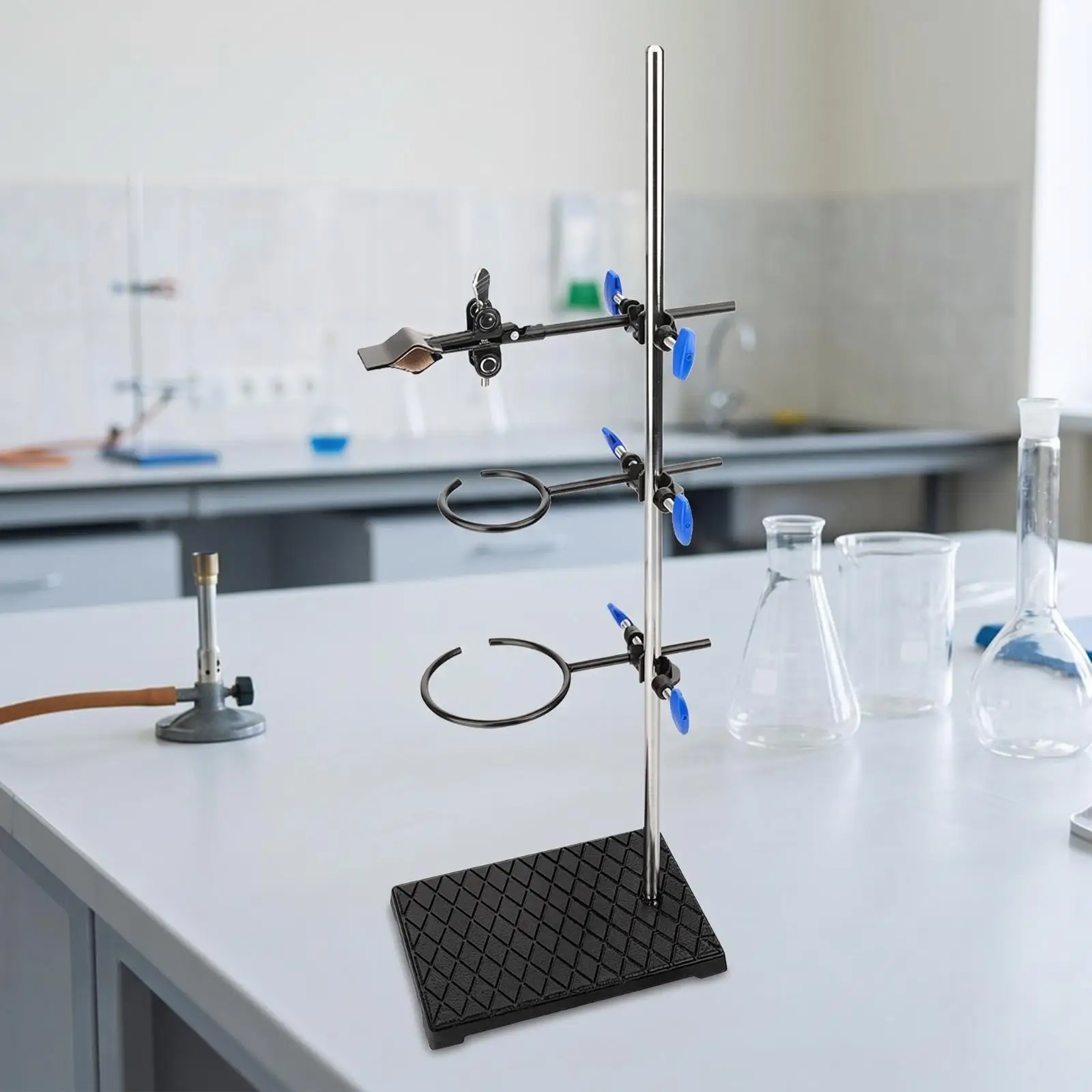 Physics Lab Retort Stand with Square Base and Blue Knob Rings for Student Experiment Equipment