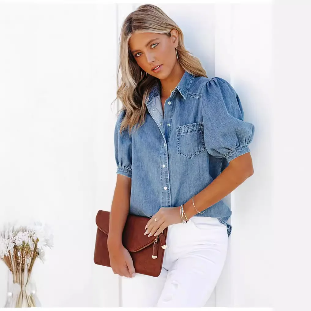 

Women Denim Shirt Tops Blouse Washed Distressed Overshirt Casual Lapel Princess Sleeve Single Breasted Pocket Outerwear
